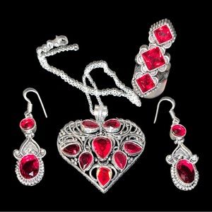Ruby jewelry collection. Synthetic and silver plated.